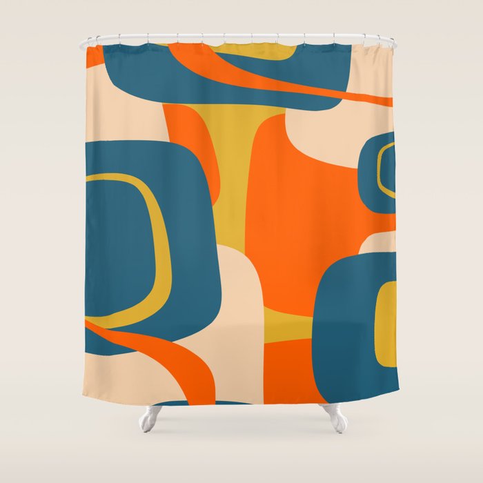 Mid Century Modern Retro Abstract Pattern Orange Blue Mustard Shower Curtain Gallery Image 1