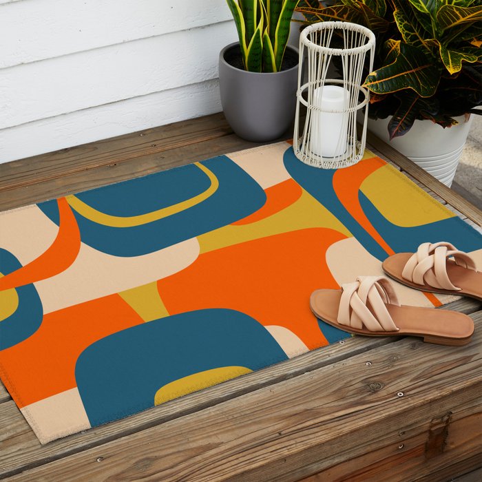 Mid Century Modern Retro Abstract Pattern Orange Blue Mustard Outdoor Rug Gallery Image 2