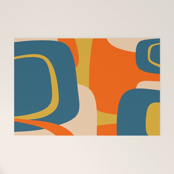 Mid Century Modern Retro Abstract Pattern Orange Blue Mustard Welcome Mat Gallery Image 1