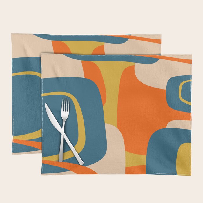 Mid Century Modern Retro Abstract Pattern Orange Blue Mustard Placemat Gallery Image 1