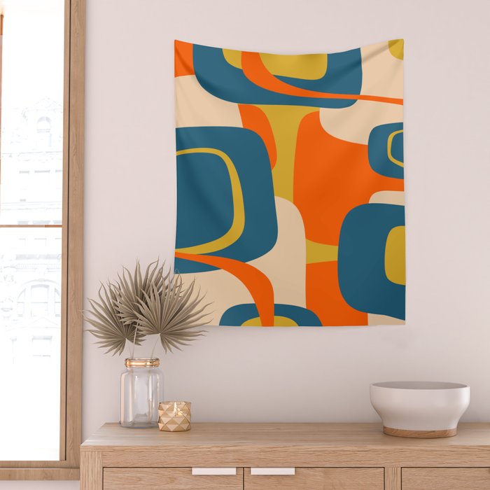 Mid Century Modern Retro Abstract Pattern Orange Blue Mustard Wall Tapestry Gallery Image 2