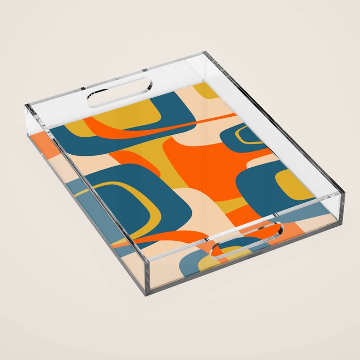 Mid Century Modern Retro Abstract Pattern Orange Blue Mustard Acrylic Tray Gallery Image 1