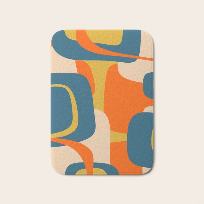 Mid Century Modern Retro Abstract Pattern Orange Blue Mustard Bath Mat Gallery Image 1