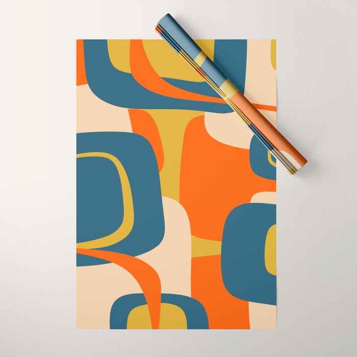 Mid Century Modern Retro Abstract Pattern Orange Blue Mustard Wrapping Paper Gallery Image 1