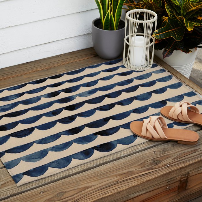 Thin Scalloped Line in indigo watercolor blue Outdoor Rug Gallery Image 2