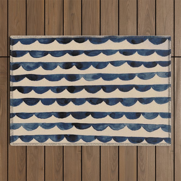 Thin Scalloped Line in indigo watercolor blue Outdoor Rug Gallery Image 1