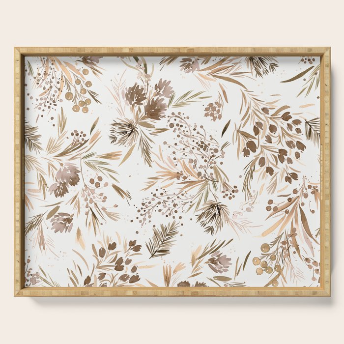 Festive floral Botanical watercolor Rustic gold Serving Tray Gallery Image 1