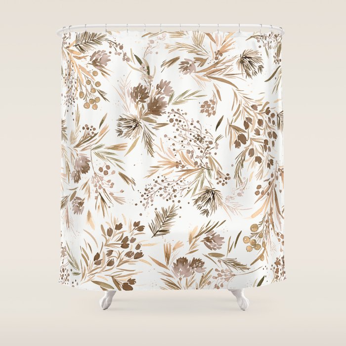 Festive floral Botanical watercolor Rustic gold Shower Curtain Gallery Image 1