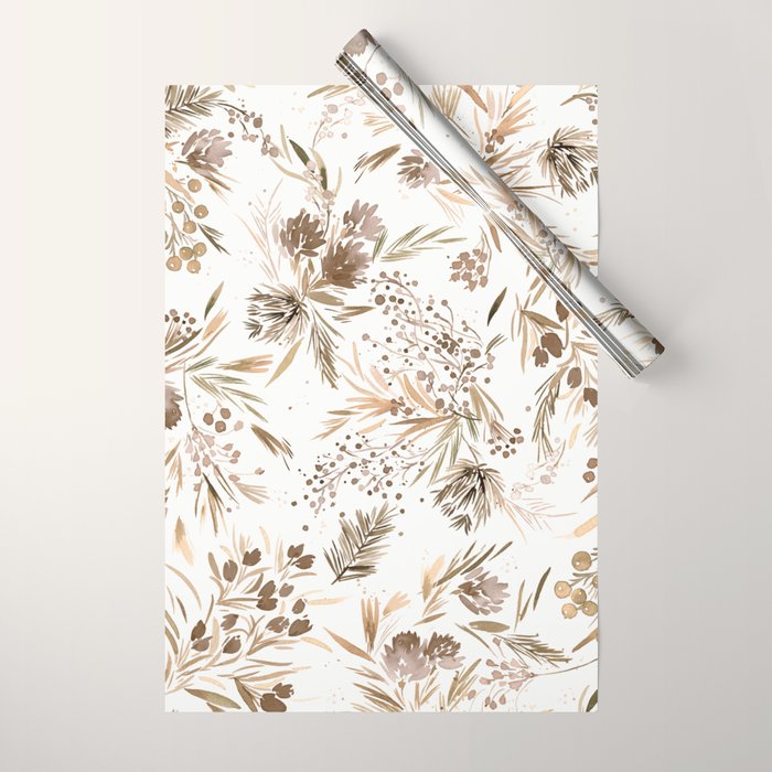 Festive floral Botanical watercolor Rustic gold Wrapping Paper Gallery Image 1