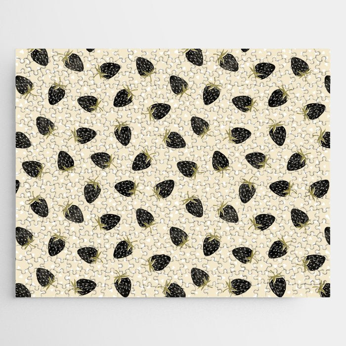 Sweet Strawberries - black, moss, cream, and white Jigsaw Puzzle