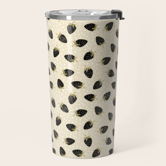 Sweet Strawberries - black, moss, cream, and white Travel Mug Gallery Image 2