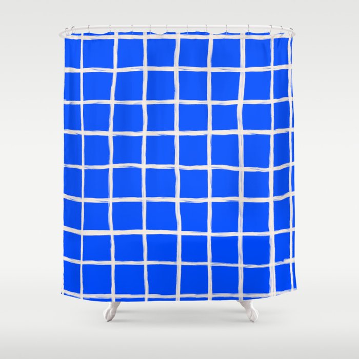 Cobalt Blue Checker Grid Shower Curtain Gallery Image 1