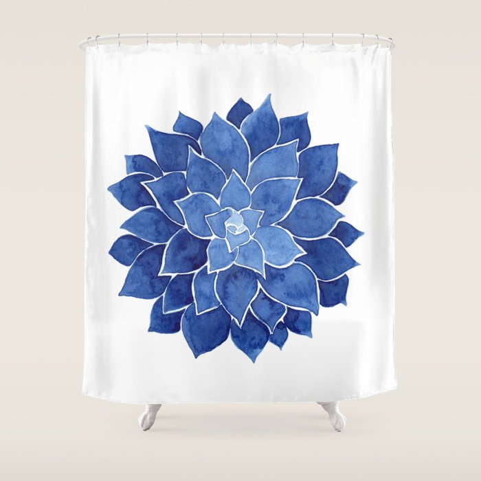 Indigo Succulent |  Watercolor Painting Shower Curtain Gallery Image 1