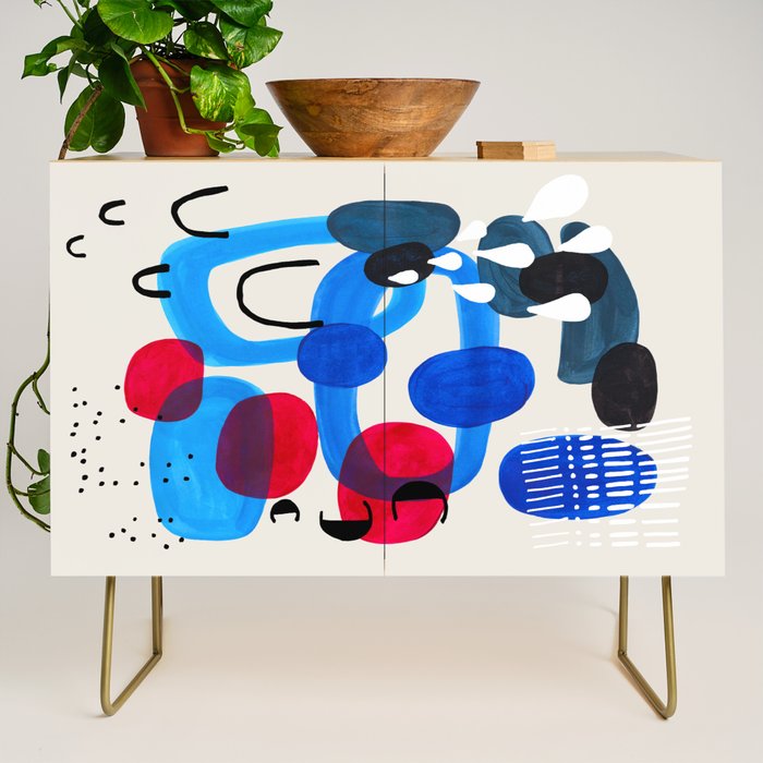 Mid Century Modern Abstract Colorful Art Patterns Ocean Blue Turquoise Grey Credenza Gallery Image 1