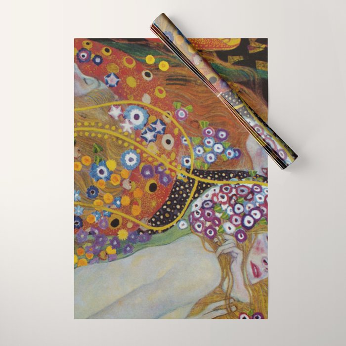 Gustav Klimt - The Mermaids II with poppies oceanic / floral portrait painting Wrapping Paper Gallery Image 1
