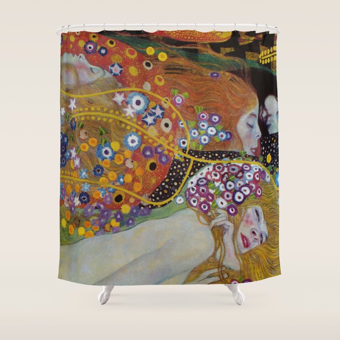 Gustav Klimt - The Mermaids II with poppies oceanic / floral portrait painting Shower Curtain Gallery Image 1