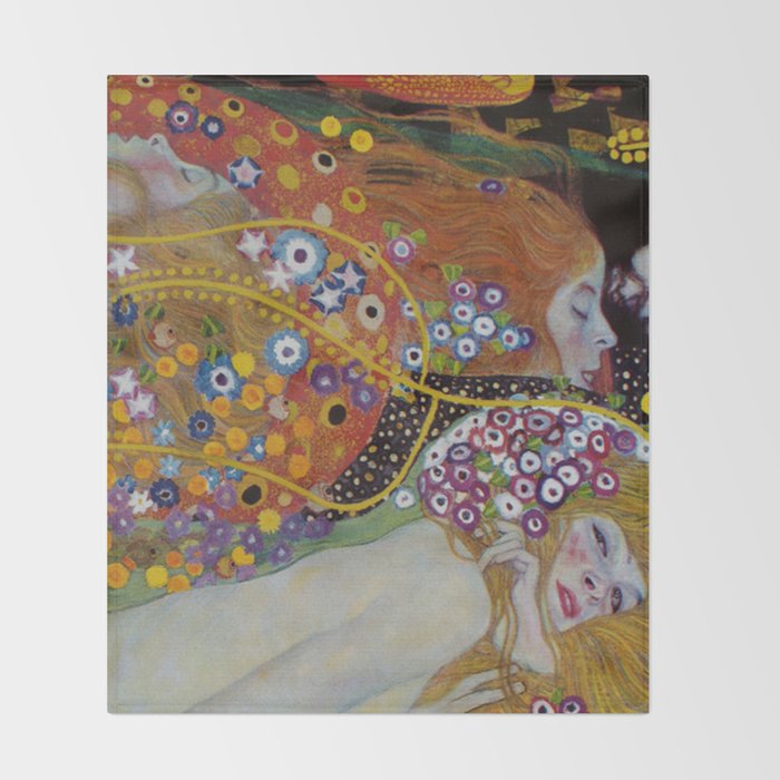 Gustav Klimt - The Mermaids II with poppies oceanic / floral portrait painting Throw Blanket Gallery Image 2