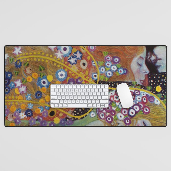 Gustav Klimt - The Mermaids II with poppies oceanic / floral portrait painting Desk Mat Gallery Image 1