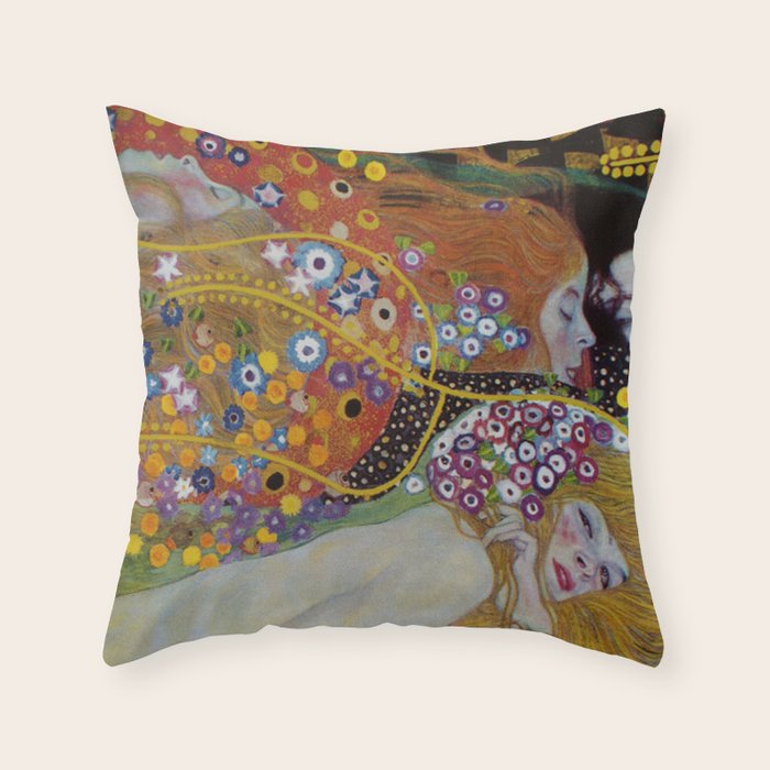 Gustav Klimt - The Mermaids II with poppies oceanic / floral portrait painting Throw Pillow Gallery Image 6