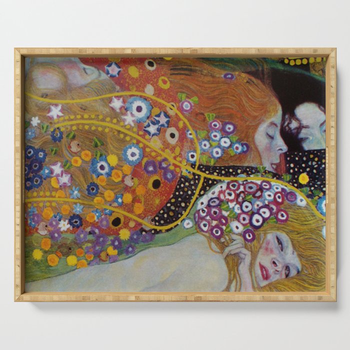 Gustav Klimt - The Mermaids II with poppies oceanic / floral portrait painting Serving Tray Gallery Image 1