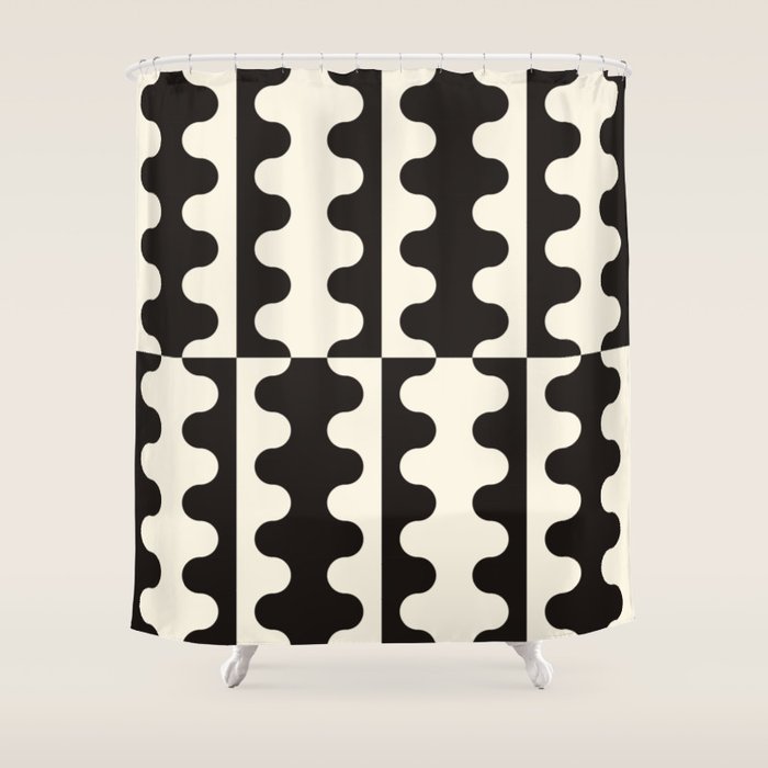 Abstract Mid-Century Black & White Wavy Pattern Shower Curtain Gallery Image 1