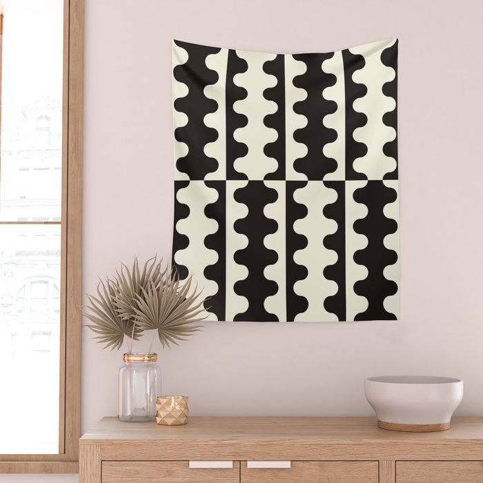 Abstract Mid-Century Black & White Wavy Pattern Wall Tapestry Gallery Image 2
