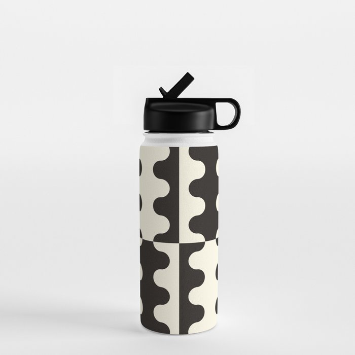 Abstract Mid-Century Black & White Wavy Pattern Water Bottle Gallery Image 1