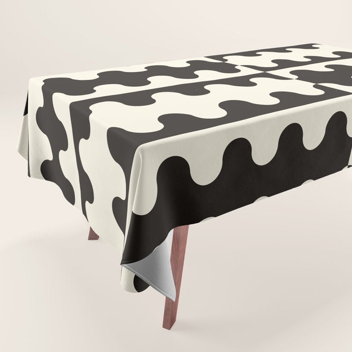 Abstract Mid-Century Black & White Wavy Pattern Tablecloth Gallery Image 1