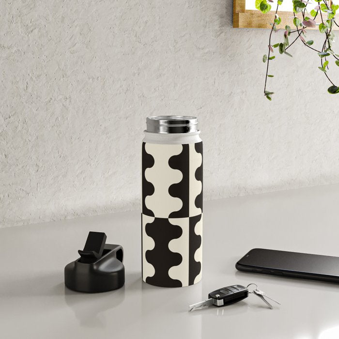 Abstract Mid-Century Black & White Wavy Pattern Water Bottle Gallery Image 4