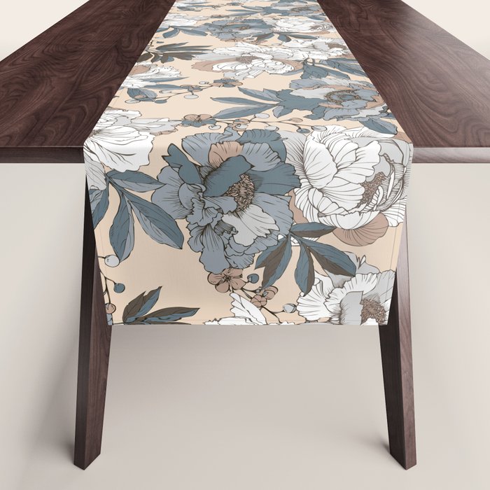 pattern lush blue, beige and white peonies Table Runner Gallery Image 1