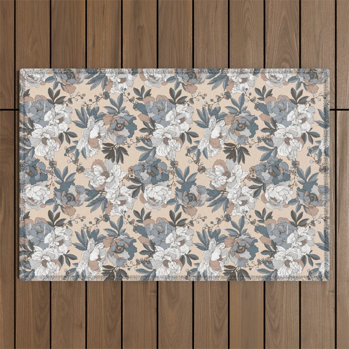 pattern lush blue, beige and white peonies Outdoor Rug Gallery Image 1
