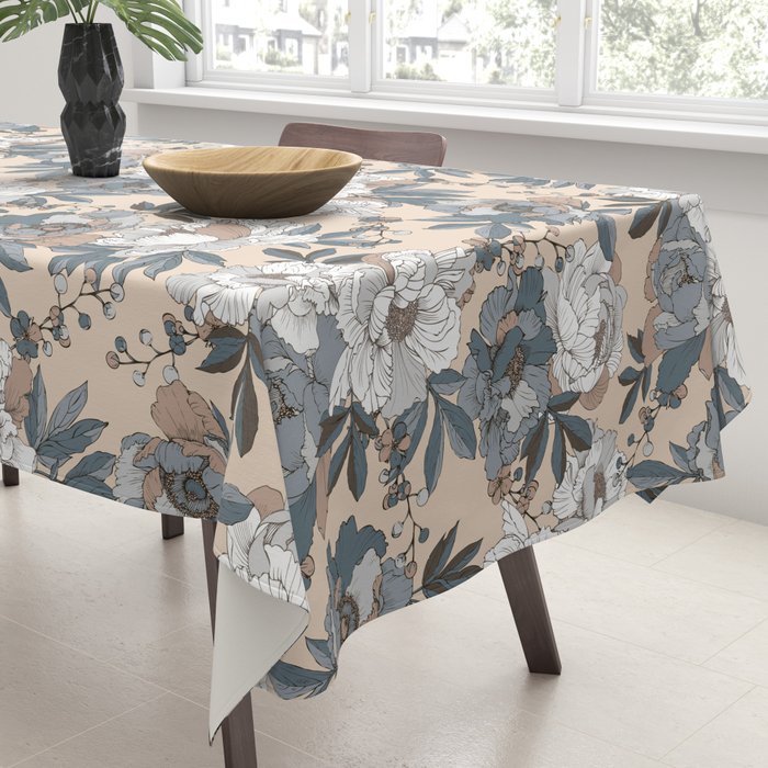 pattern lush blue, beige and white peonies Tablecloth Gallery Image 3
