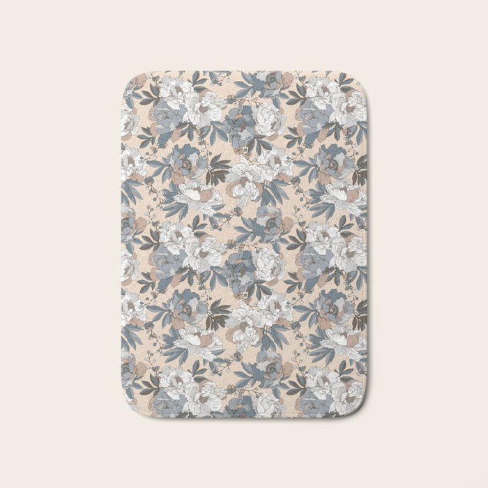 pattern lush blue, beige and white peonies Bath Mat Gallery Image 1