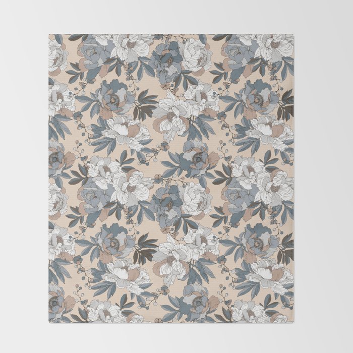 pattern lush blue, beige and white peonies Throw Blanket Gallery Image 2