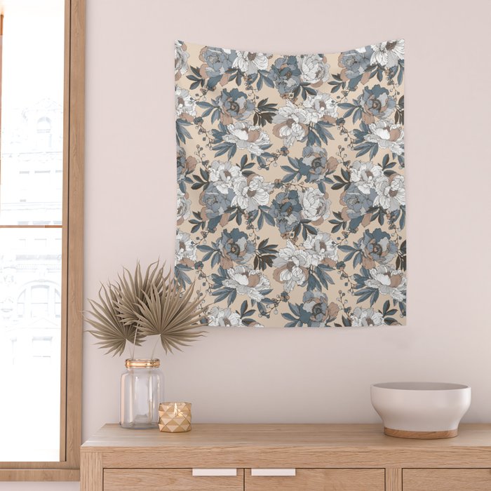 pattern lush blue, beige and white peonies Wall Tapestry Gallery Image 2