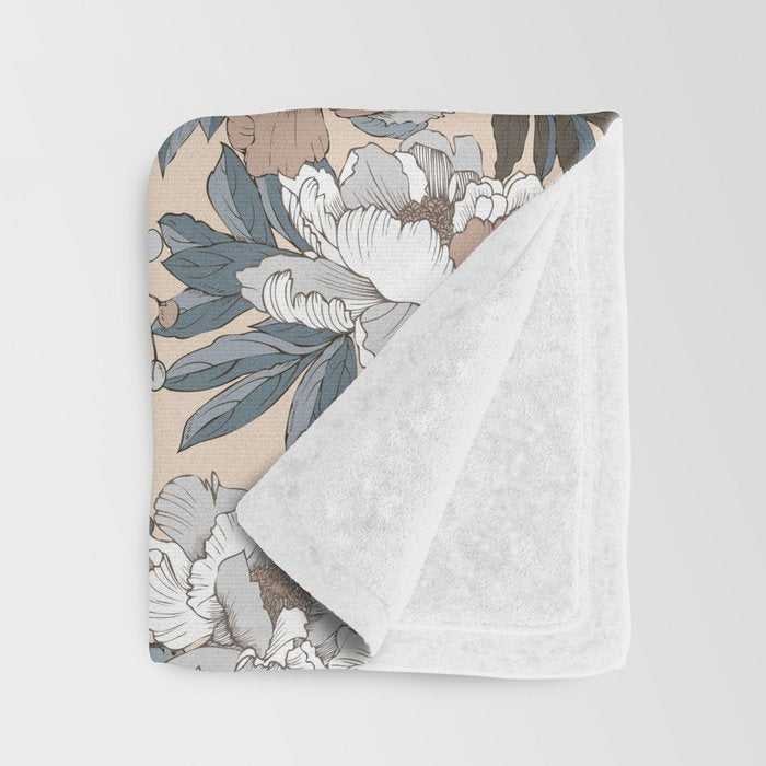 pattern lush blue, beige and white peonies Throw Blanket Gallery Image 3