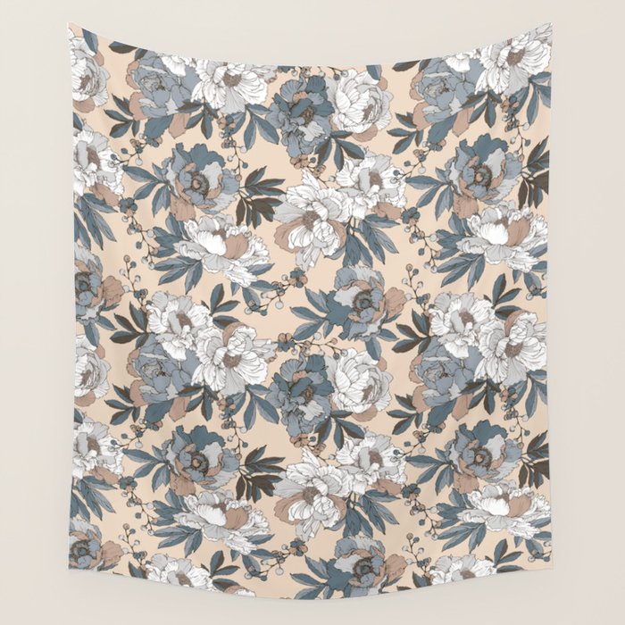 pattern lush blue, beige and white peonies Wall Tapestry Gallery Image 1