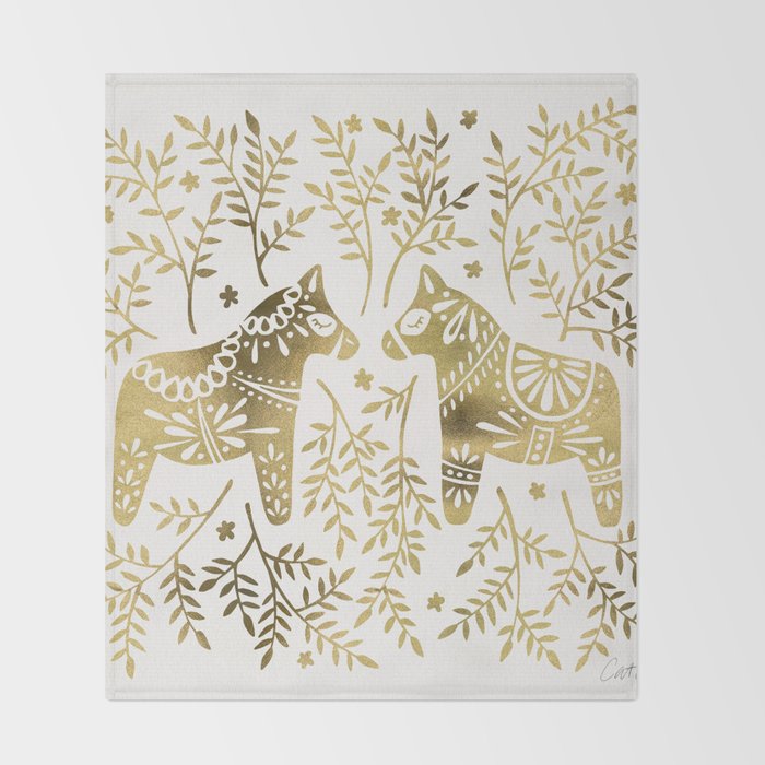 Swedish Dala Horses - Gold Palette Throw Blanket Gallery Image 2