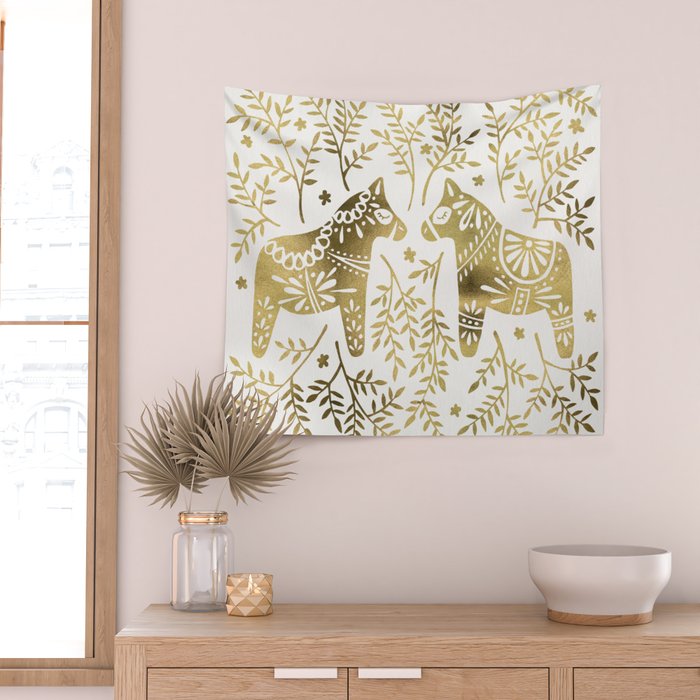 Swedish Dala Horses - Gold Palette Wall Tapestry Gallery Image 2