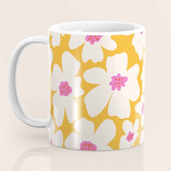 Retro Daisy - Yellow, Pink and White Coffee Mug Gallery Image 3
