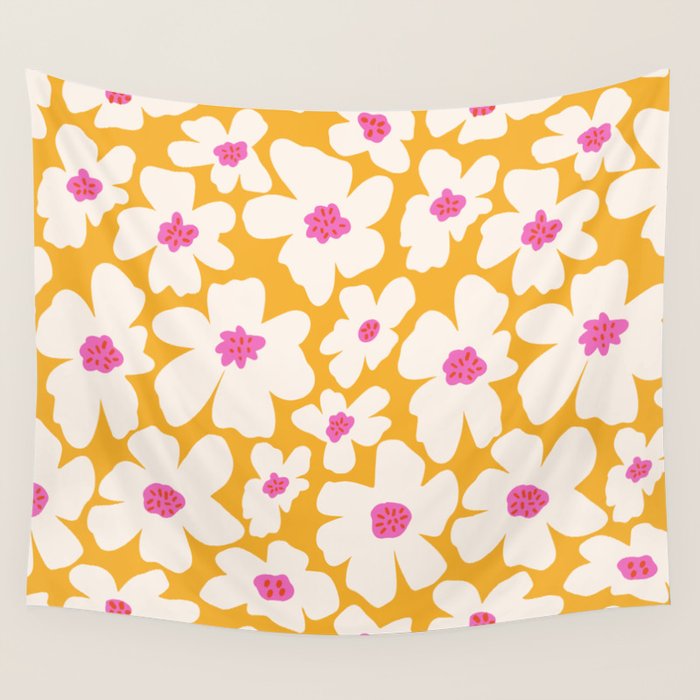 Retro Daisy - Yellow, Pink and White Wall Tapestry Gallery Image 1