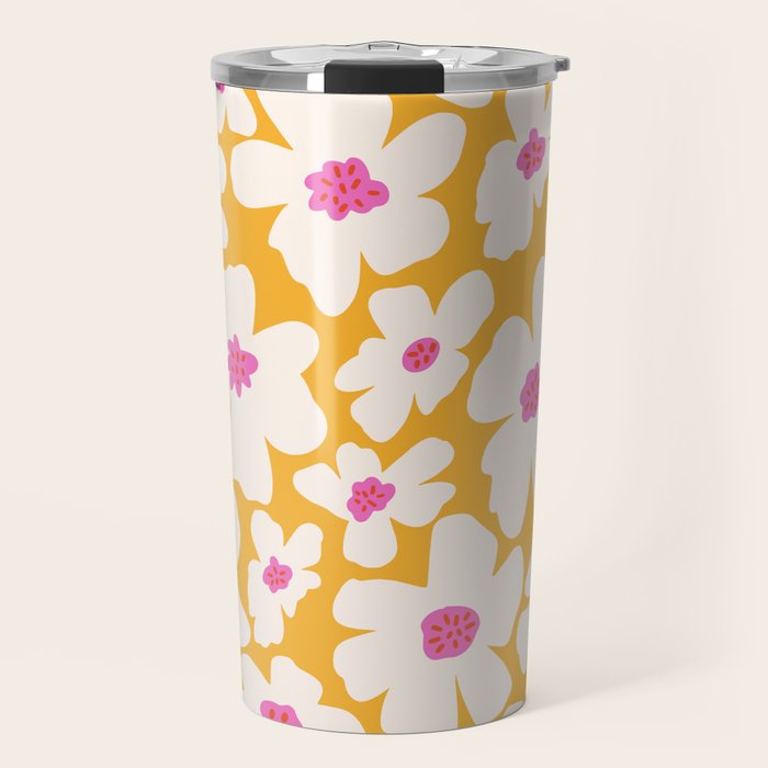 Retro Daisy - Yellow, Pink and White Travel Mug Gallery Image 1
