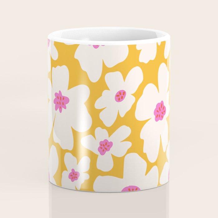 Retro Daisy - Yellow, Pink and White Coffee Mug Gallery Image 4