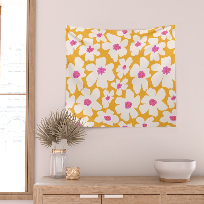 Retro Daisy - Yellow, Pink and White Wall Tapestry Gallery Image 2