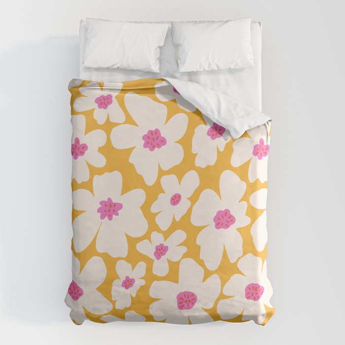 Retro Daisy - Yellow, Pink and White Duvet Cover Gallery Image 1
