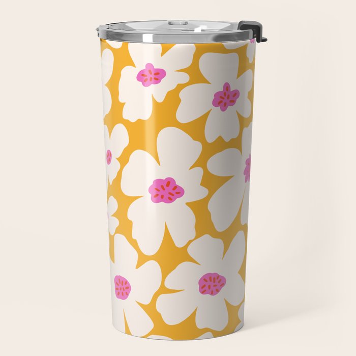 Retro Daisy - Yellow, Pink and White Travel Mug Gallery Image 2