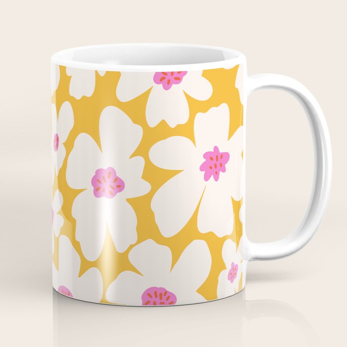 Retro Daisy - Yellow, Pink and White Coffee Mug Gallery Image 1