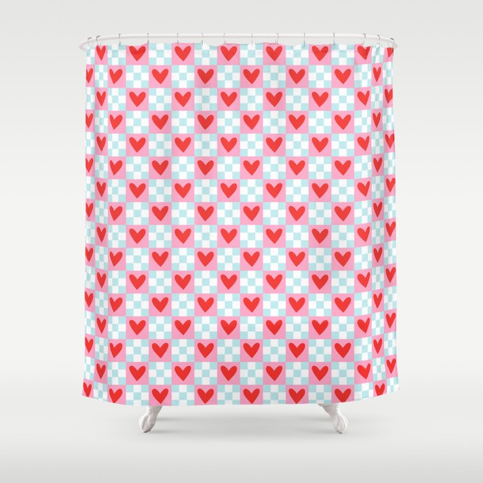 Red love heart checkered pattern Shower Curtain Gallery Image 1