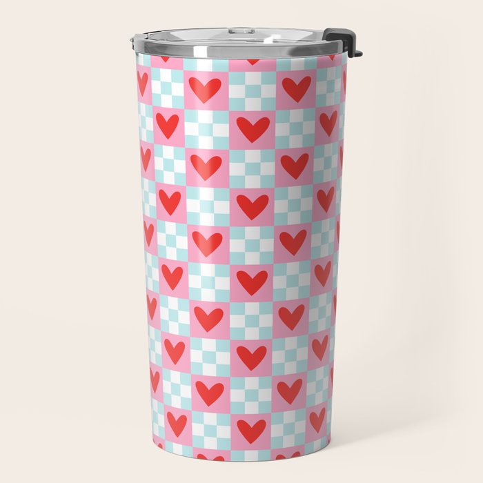 Red love heart checkered pattern Travel Mug Gallery Image 2
