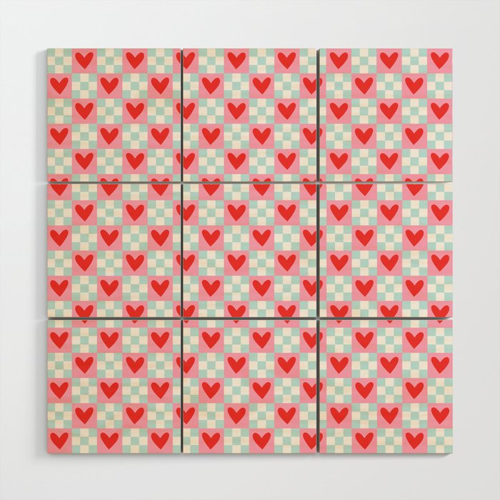 Red love heart checkered pattern Wood Wall Art Gallery Image 1